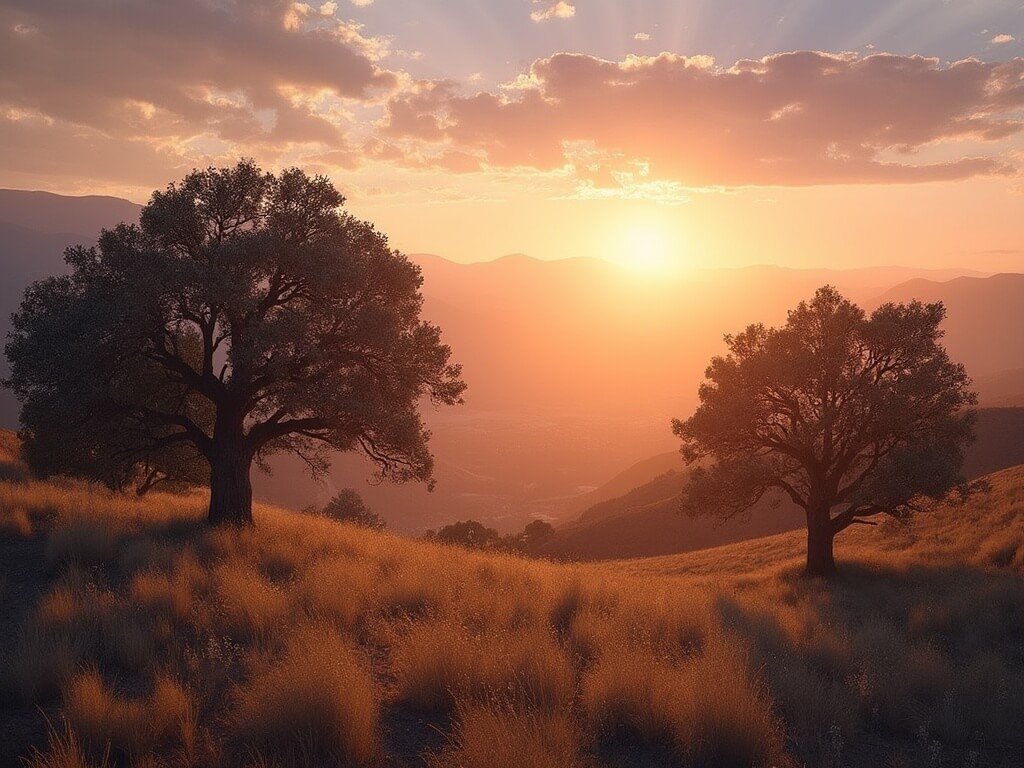 Sunset over Ojai Valley with pink mountains, silhouetted oak trees and golden light filtering through the valley