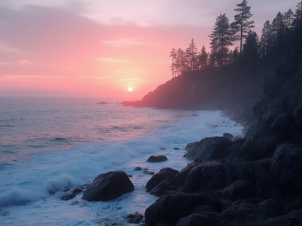 Sunrise at Otter Point featuring rocky coast, waves hitting granite boulders, pink and orange colored sky, dark pine forest silhouette, and misty morning light