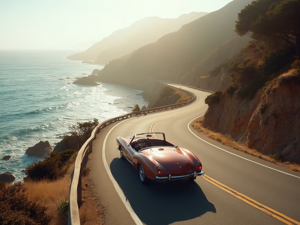 Classic convertible car driving on winding Pacific Coast Highway, flanked by deep blue ocean and rugged cliffs in golden afternoon light