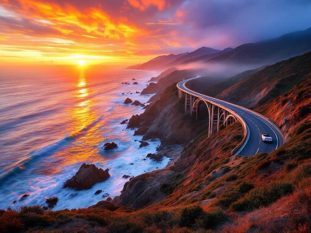 "Bixby Creek Bridge on Pacific Coast Highway during golden hour, with a convertible crossing the bridge, fog approaching over the horizon, and vibrant sunset reflecting off the ocean."