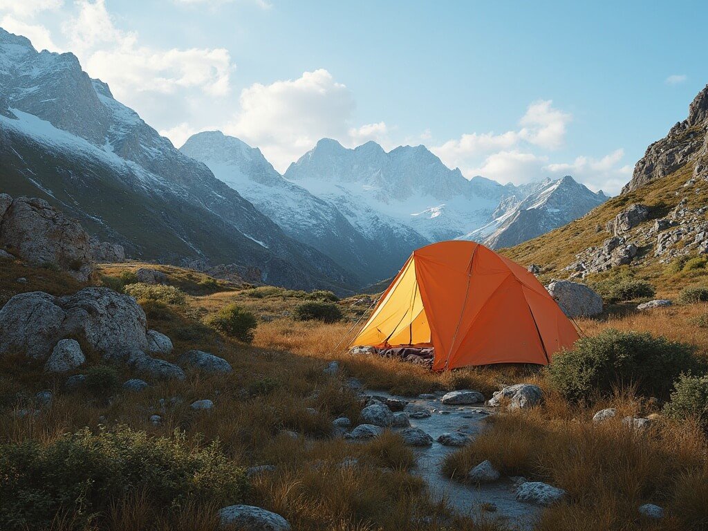 Perfect 'Leave No Trace' campsite in pristine Patagonian wilderness, featuring a minimal tent and untouched natural landscape, showcasing environmental consciousness.
