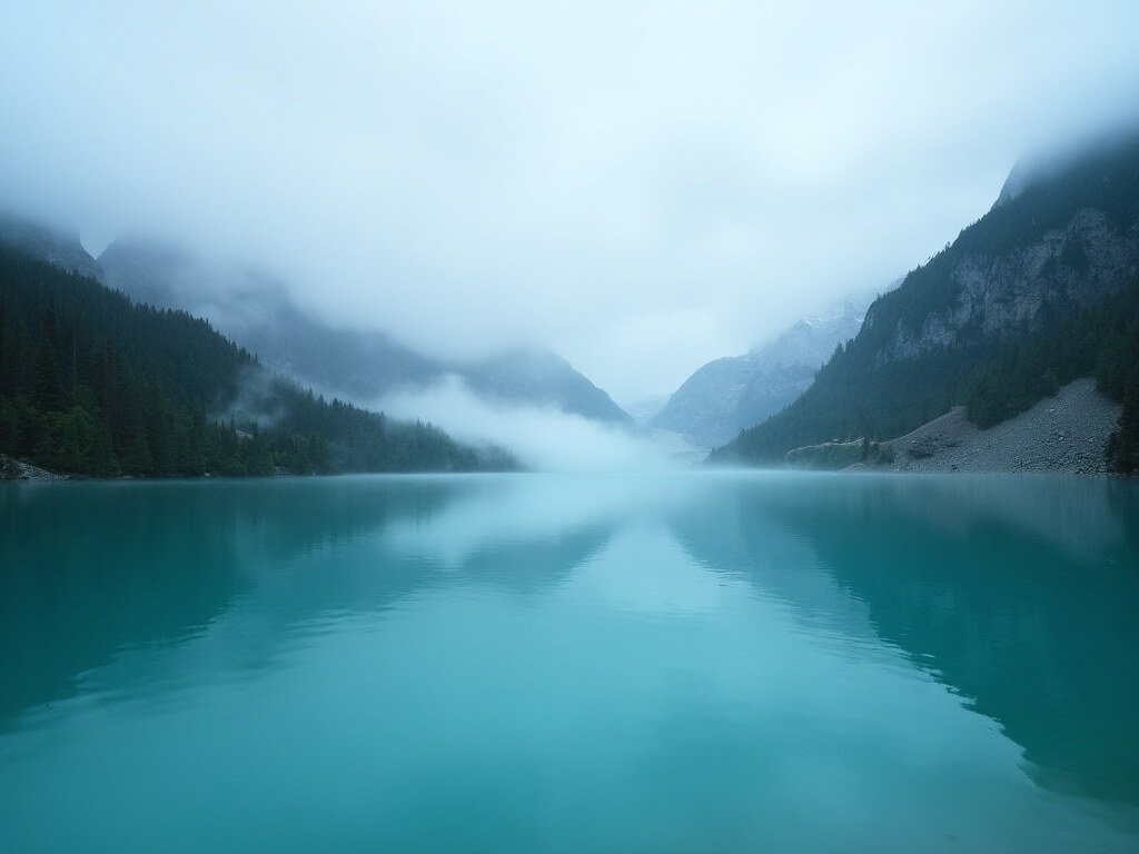 Early morning mist rising from the crystal-clear turquoise water of a glacial lake in the Argentinian Lake District, perfectly reflecting surrounding volcanic peaks and dense forest.