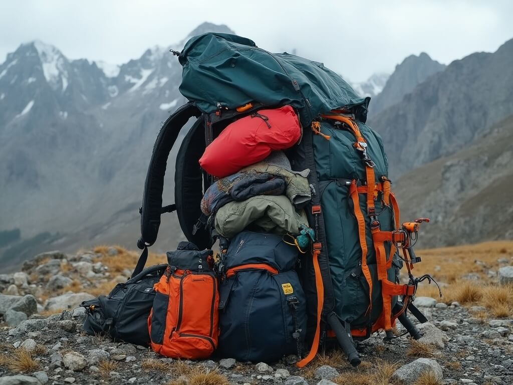 Fully packed backpack with waterproof gear, layered clothing, and survival equipment organized against a Patagonian mountain landscape.