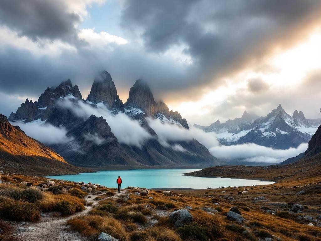 "Backpacker witnessing golden hour over Torres del Paine peaks amidst storm clouds with guanacos and turquoise lake in view"