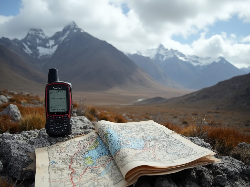 GPS device displaying topographical details on a remote Patagonian trail with windswept terrain and rocky peaks in the background