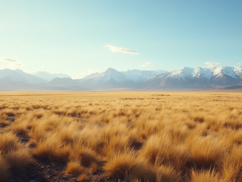 Windswept golden grasslands of Patagonian steppe with distant snow-capped mountains in the background