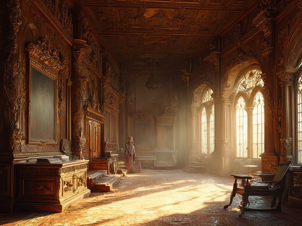 Detailed interior view of PeleÈ™ Castle's royal hall, showcasing Renaissance architecture, intricate wood-carving, period furniture, and golden sunlight filling the room through tall windows