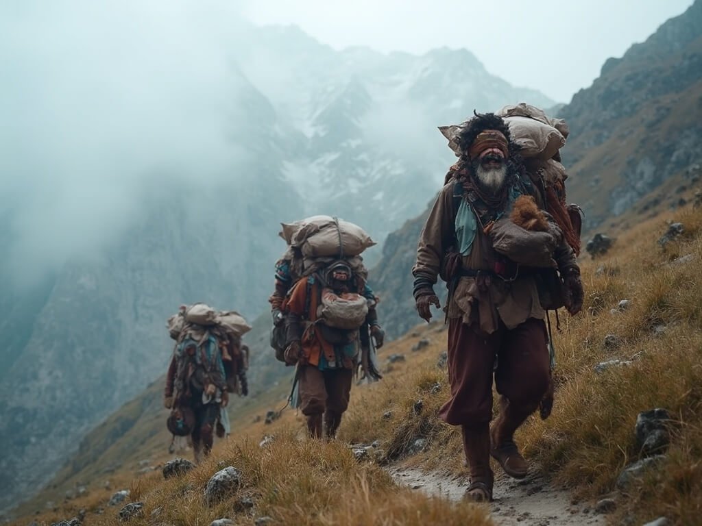 Peruvian porters in traditional attire carrying heavy backpacks on misty mountain trail, embodying resilience against dramatic mountain landscape