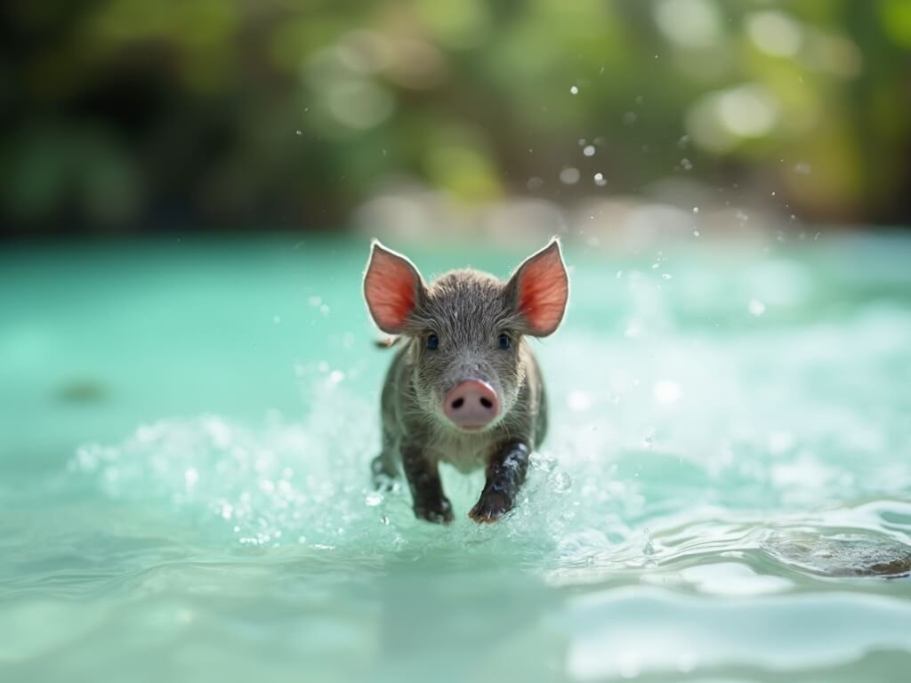 Piglet half-submerged in clear aquamarine waters in morning light with blurred tropical vegetation in background
