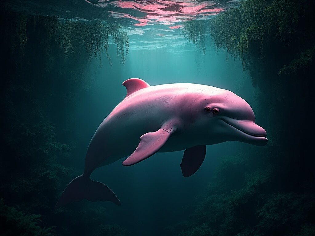 Pink river dolphin swimming in a mystical blackwater lagoon surrounded by lush vegetation