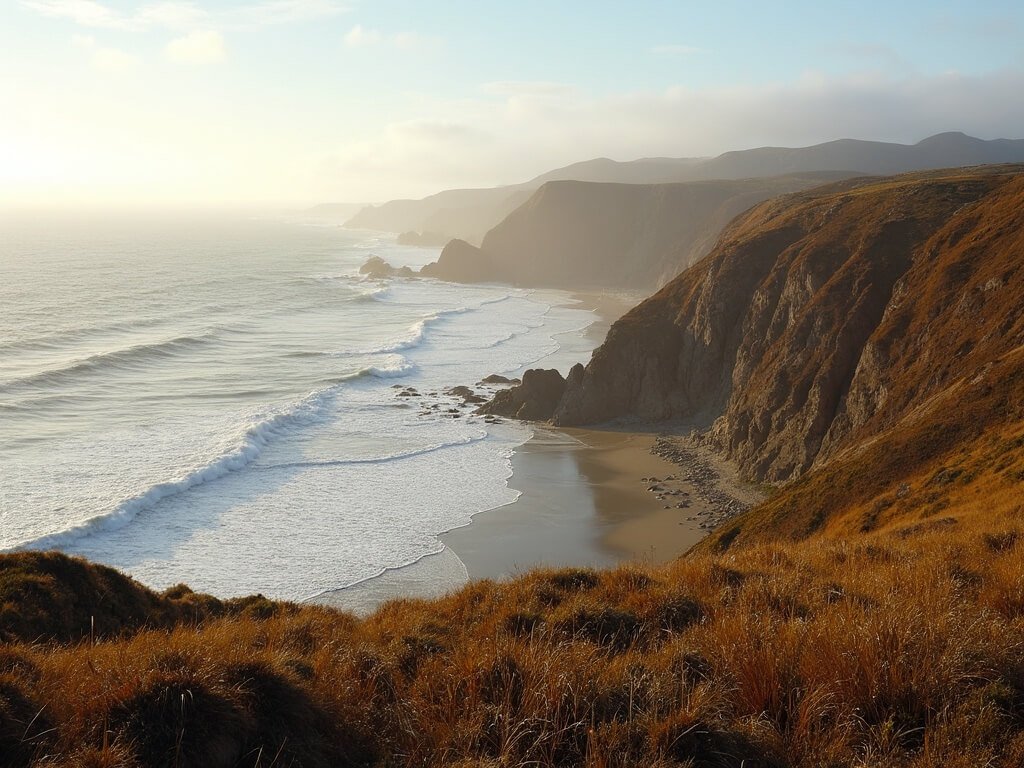 Early morning at Point Reyes National Seashore with sunlight illuminating wild grasslands, rugged cliffs, and crashing Pacific Ocean waves