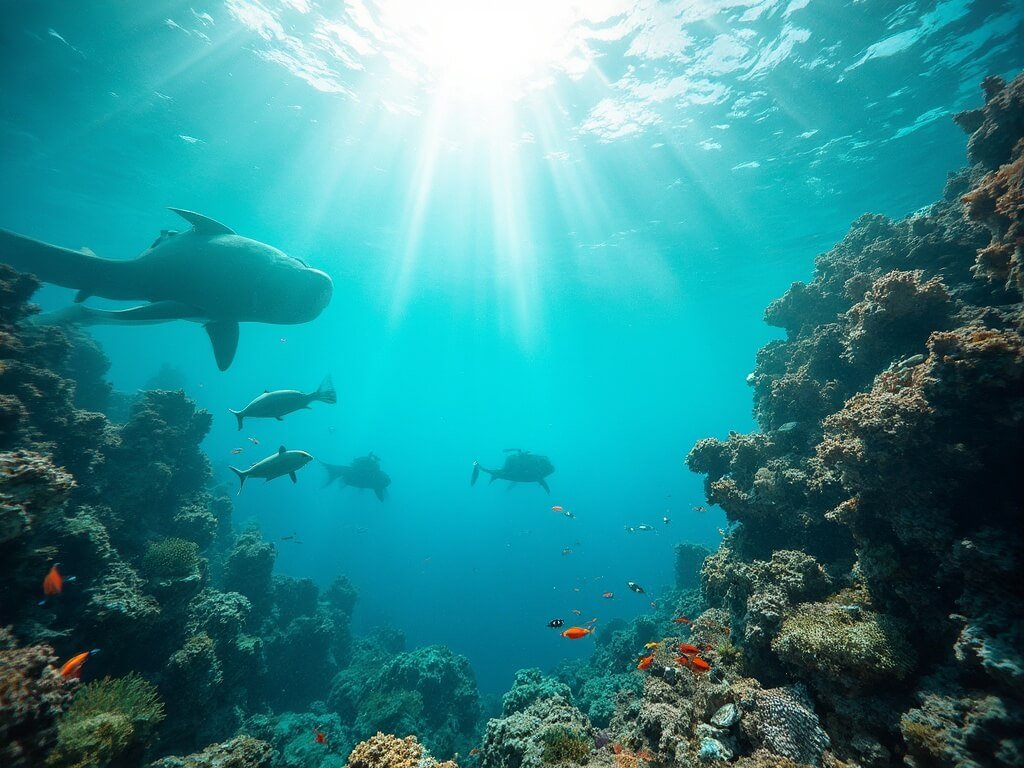 Snorkeler's view of a vibrant underwater coral reef with marine life and sunlight rays in clear turquoise water