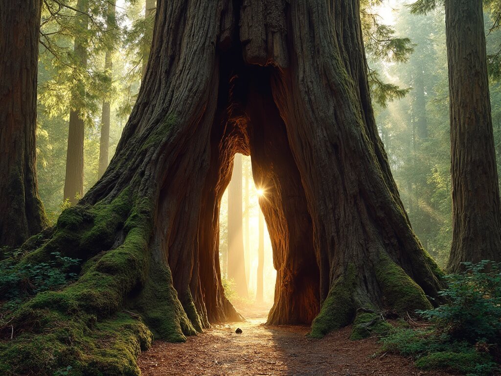 Sunlight peeking through the enormous Chandelier Drive-Thru Tree at Leggett, surrounded by a lush forest floor