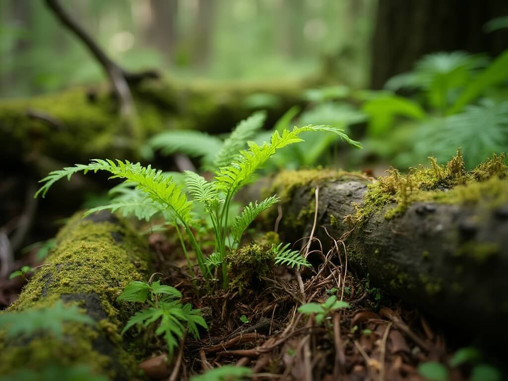 Ground-level view of a richly biodiverse redwood forest floor with detailed ferns, fallen logs, moss, in soft-focus green and brown textures