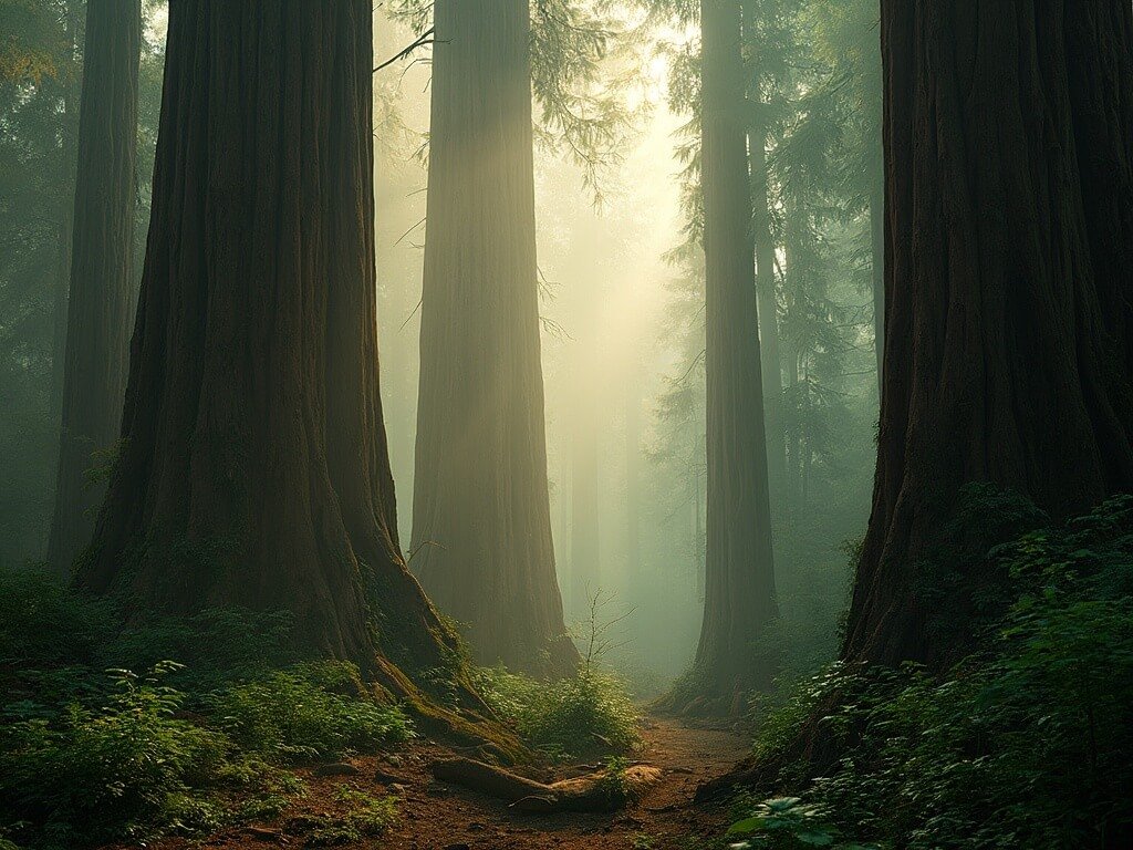 Misty morning in towering redwood forest with deep green hues and soft golden light