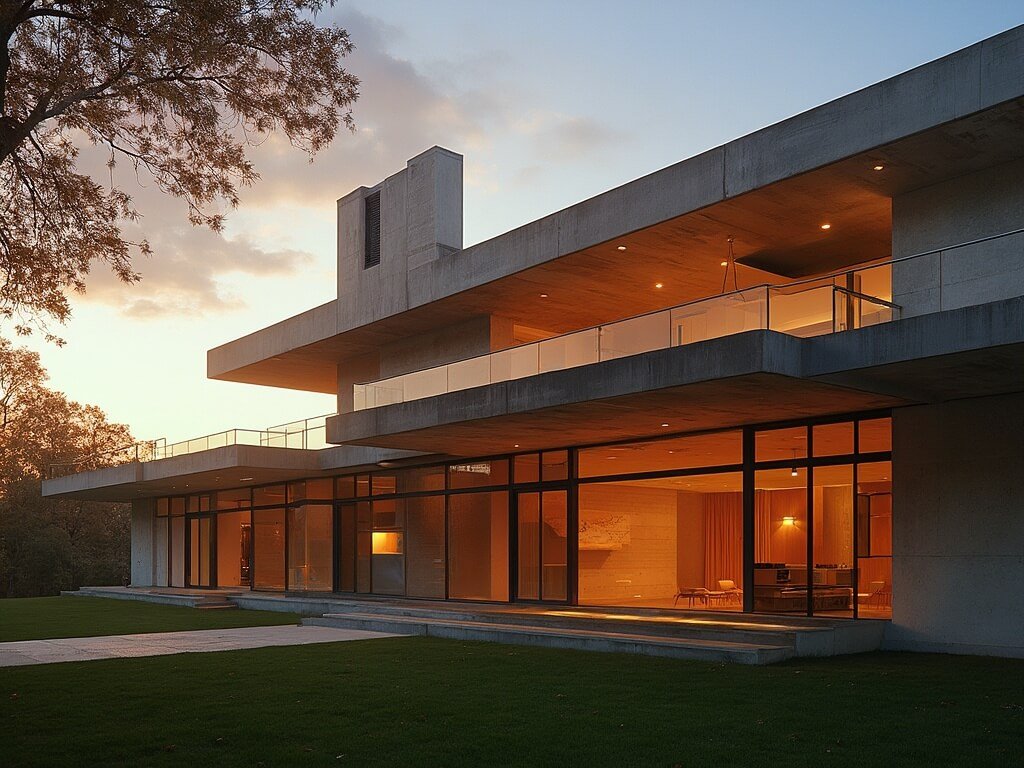 Frank Lloyd Wright's Robie House photographed at golden hour highlighting its Prairie School design, geometric precision, and unique structural elements with dramatic light and shadow interplay