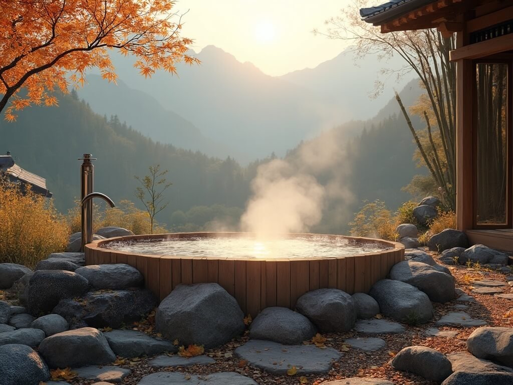 Serene rural onsen with wooden bath, natural stone, rising steam, scattered autumn maple leaves, mountains and bamboo forest in soft background light