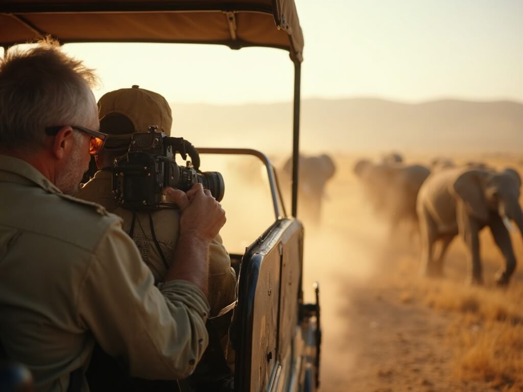 Safari tourists observing distant elephant herd from open-top vehicle, using professional camera equipment in warm sunlight with dust particles