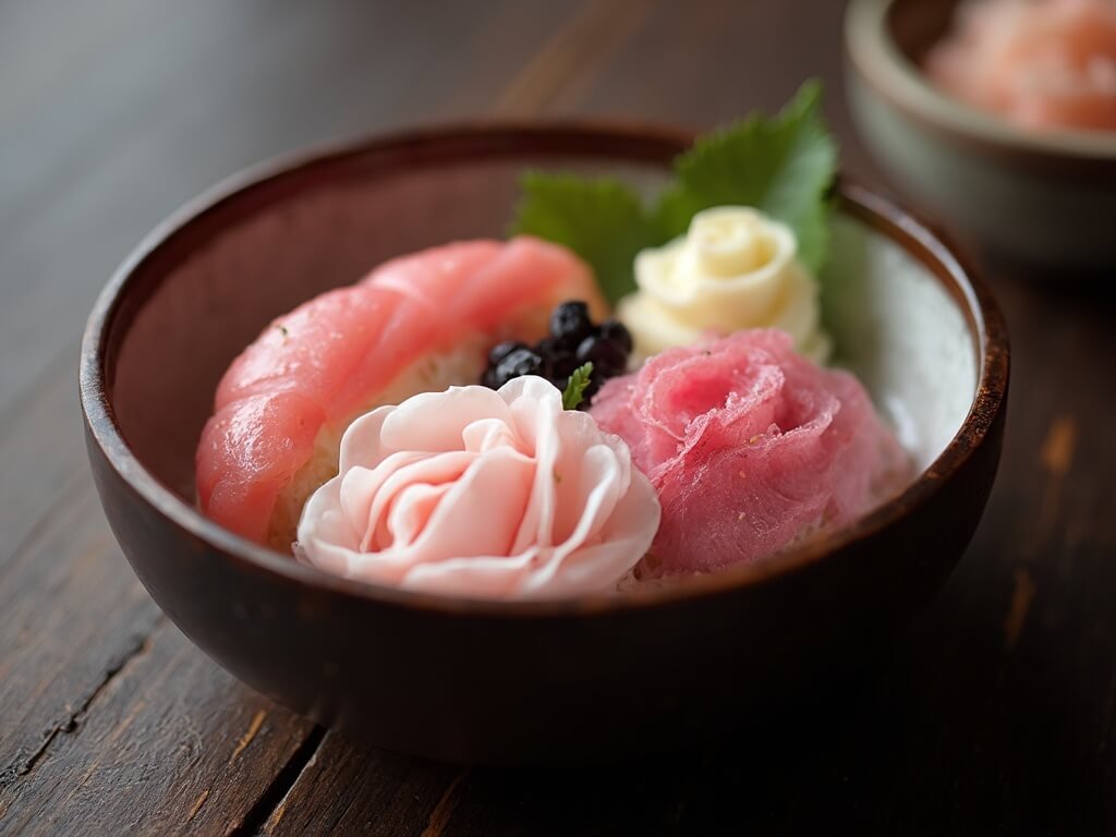 Close-up of a sakura-themed Japanese bento box with pink and white food art on a dark wood surface