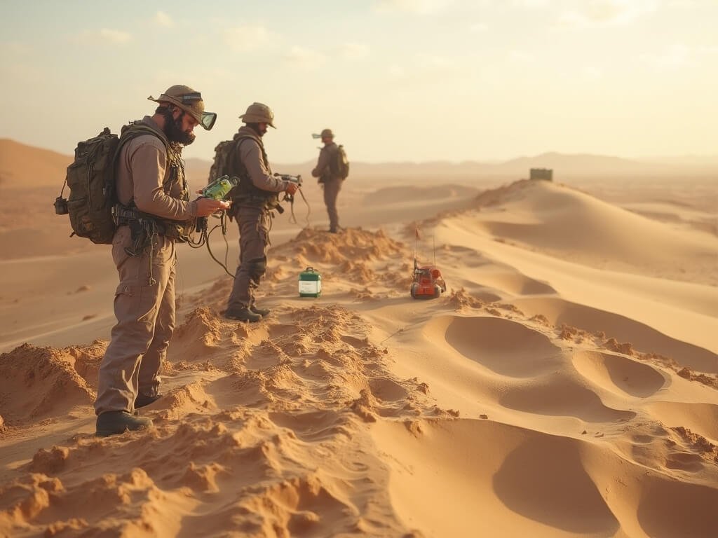 Scientists in research gear studying sand migration patterns with environmental measurement tools, wind-shaped dune formations in background, under soft natural lighting.