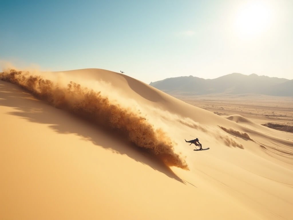Sandboarder descending steep dune, creating sand spray against dune landscape and mountain silhouette background