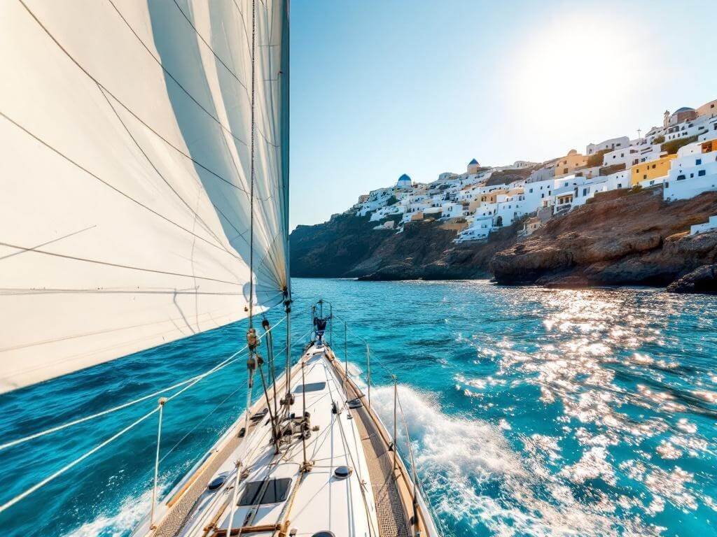 "Yacht sailing in turquoise Aegean waters with Santorini's whitewashed buildings and blue-domed churches on cliffs in background, under brilliant Mediterranean sunshine with Meltemi winds filling the sails, viewed from deck with nautical rigging in the foreground"