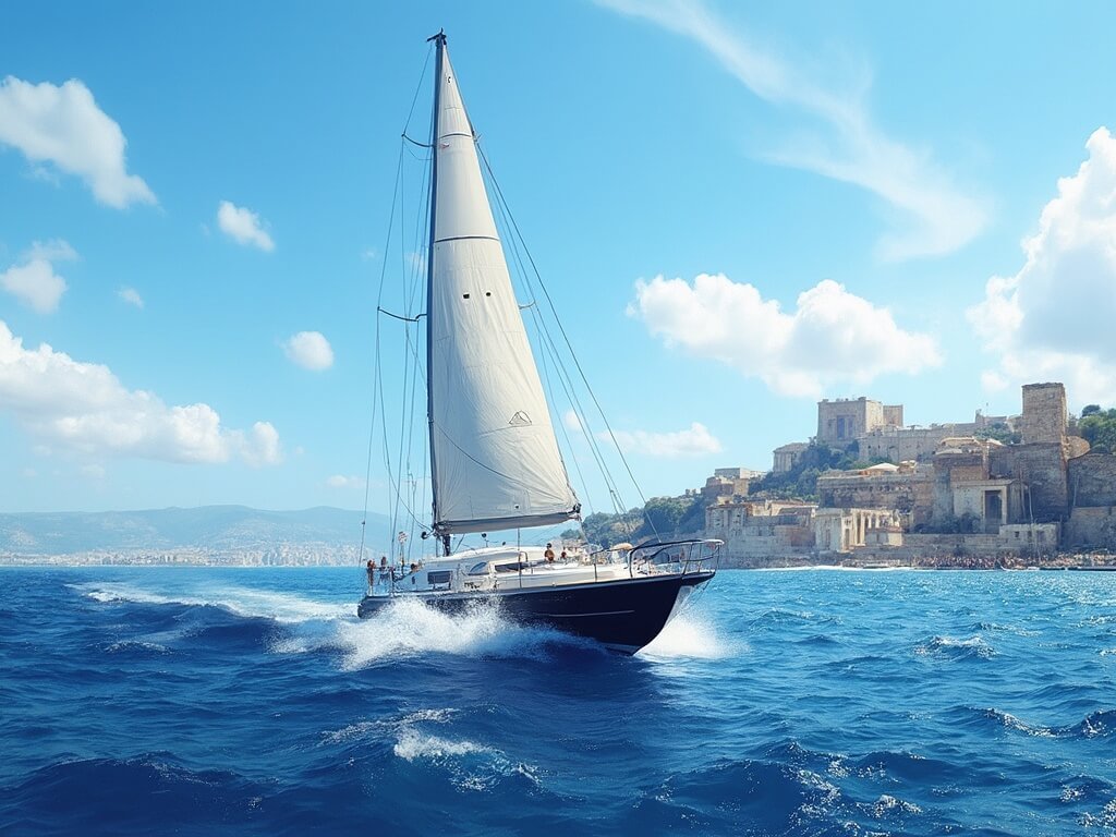 Modern sailboat cruising on Saronic Gulf against Athens skyline, ancient stone landscapes, under a bright blue sky with wispy clouds