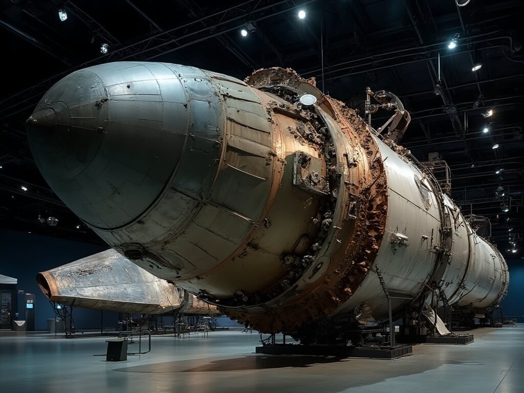 Saturn V rocket on horizontal display in a museum, highlighting its large scale and detailed engineering under soft, dramatic shadows