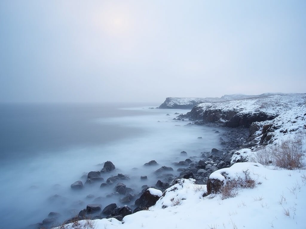 Schoodic Peninsula winter morning with snow-covered rocky coastline, minimal human presence, and soft sunrise