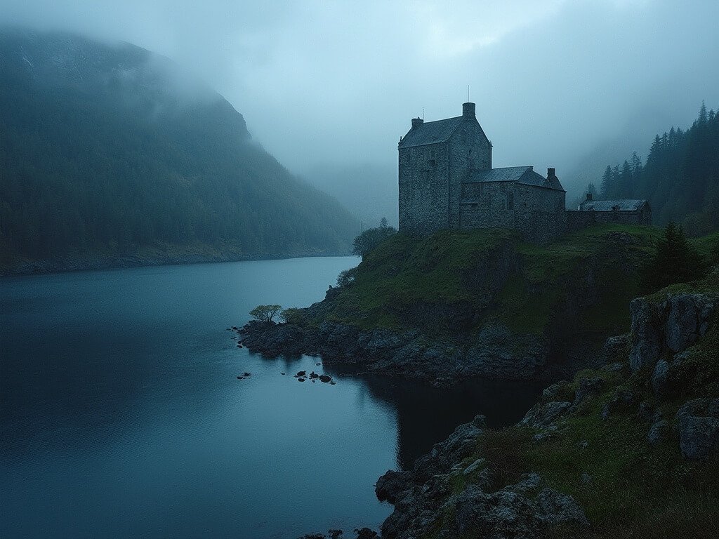Medieval stone castle on a cliff overlooking a dark blue loch and pine forests in atmospheric twilight, symbolizing the historical mystery of the Scottish landscape