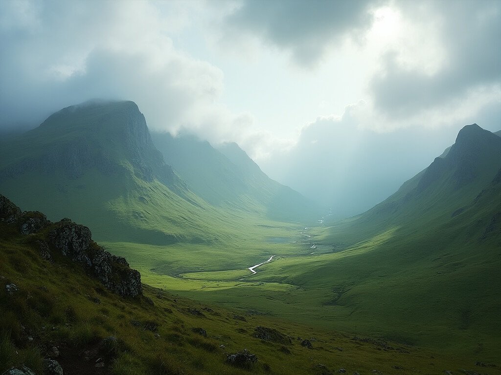 Panoramic view of Scottish Highlands with misty mountains, green valleys, and morning light breaking through clouds