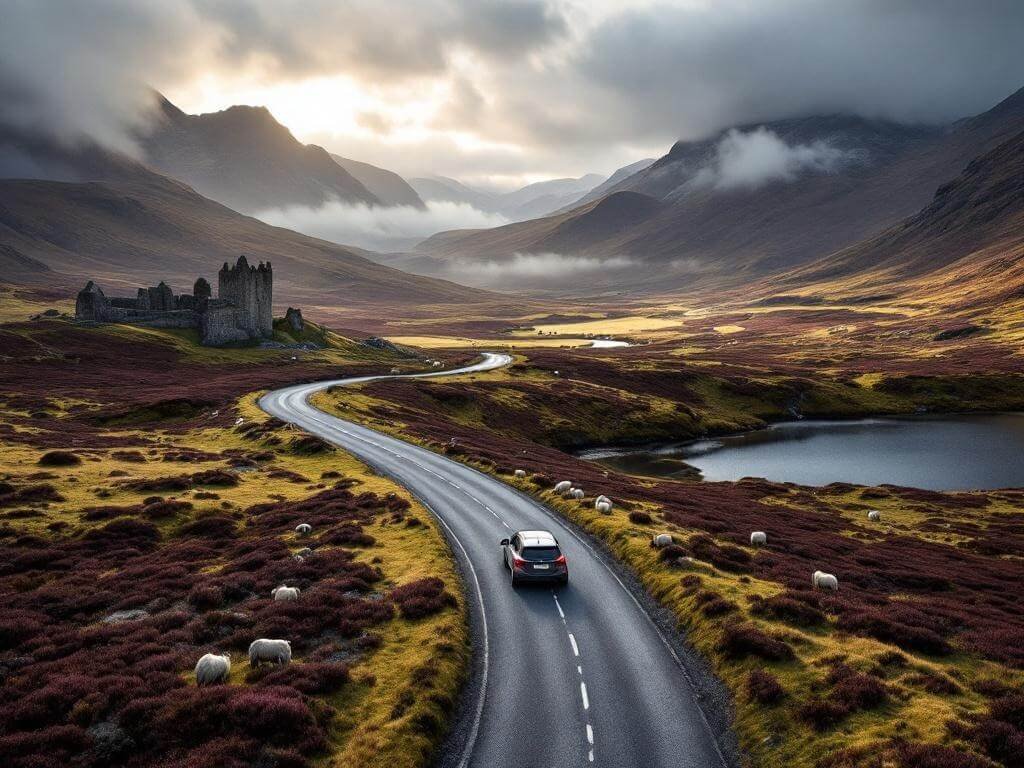 "Car navigating a winding road in Scottish Highlands during golden hour, purple mountains, loch, castle ruins, and grazing sheep in background, hiking boots, offline map, and charger in the car, aerial view."