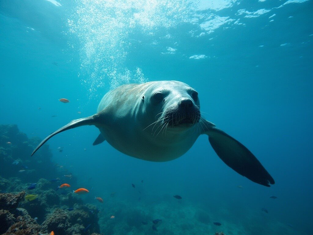 Sea lion swimming gracefully in clear blue water surrounded by colorful tropical fish