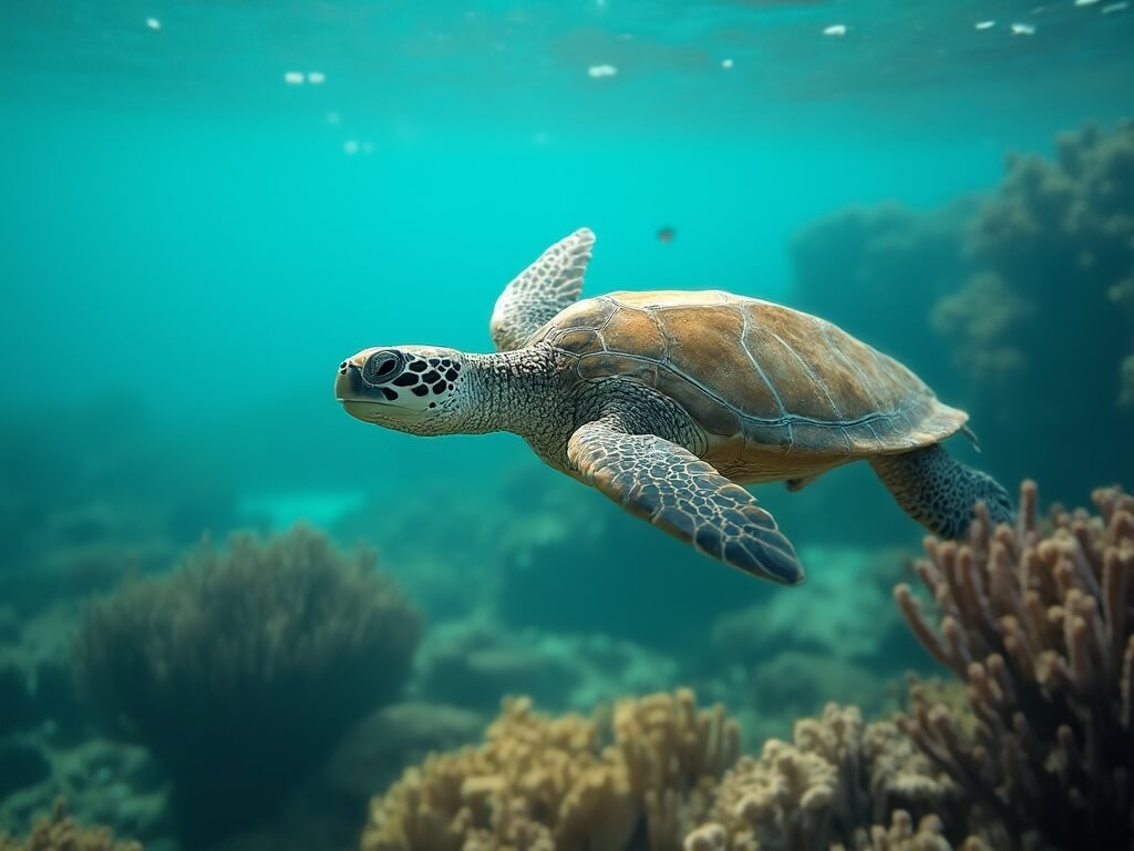 Sea turtle swimming underwater amidst coral formations and marine life in clear turquoise water