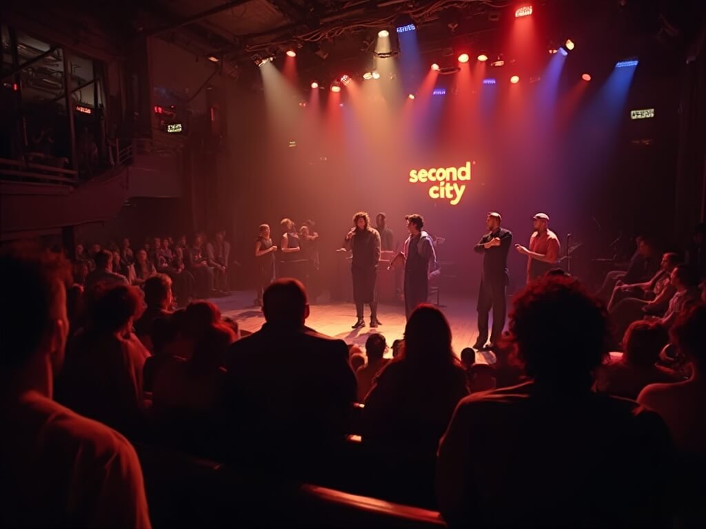 Comedians performing improv at the Second City comedy club under dramatic stage lighting emphasizing their expressive faces