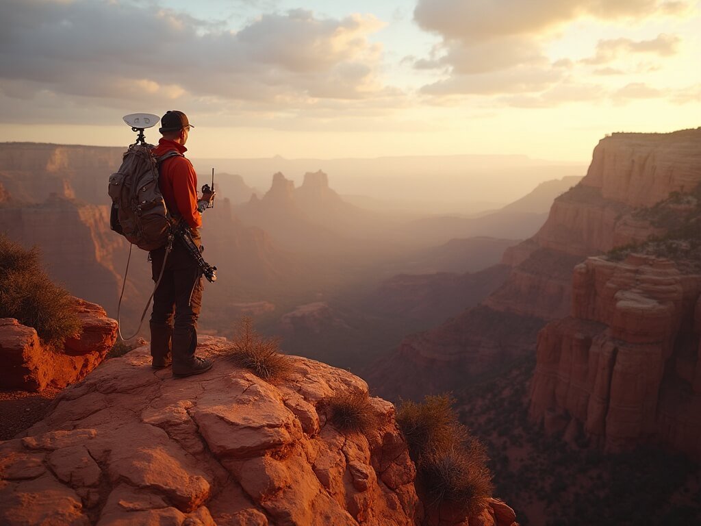 Hiker using satellite communication device on high ridge in Sedona during golden hour, overlooking red rock formations and wilderness
