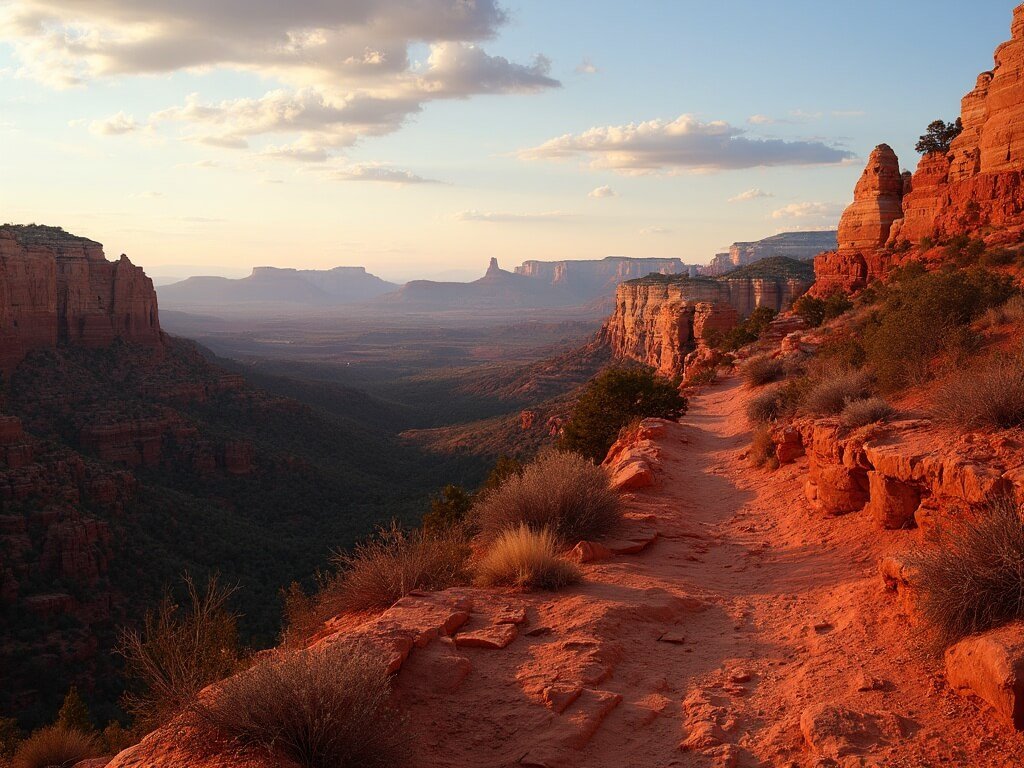 Panoramic golden hour view of Sedona's red rock terrain with a solitary hiking trail, distant mountains and cloud-filled sky