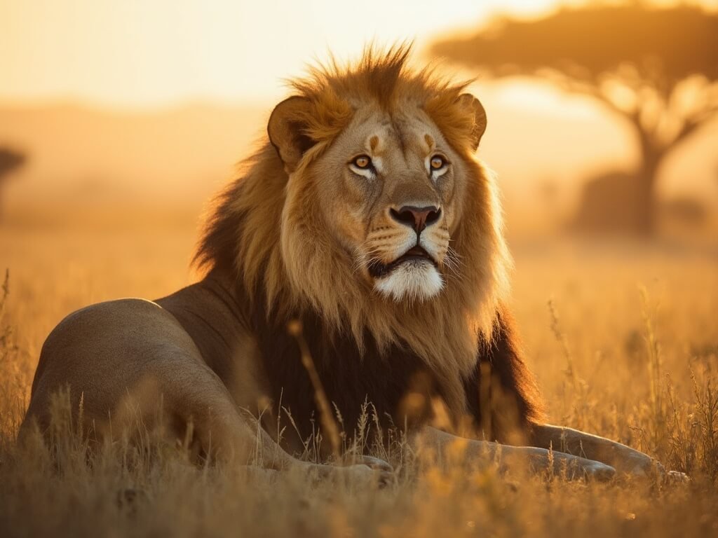 Majestic lion sitting in golden hour light, warmly illuminated mane and grasslands of Serengeti with acacia trees in background
