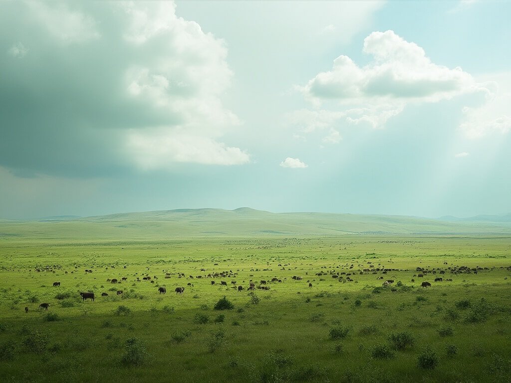 Sweeping panoramic view of the lush green Serengeti plains during green season, featuring scattered wildlife herds, dramatic clouds, and soft diffused light highlighting the terrain's depth and texture.