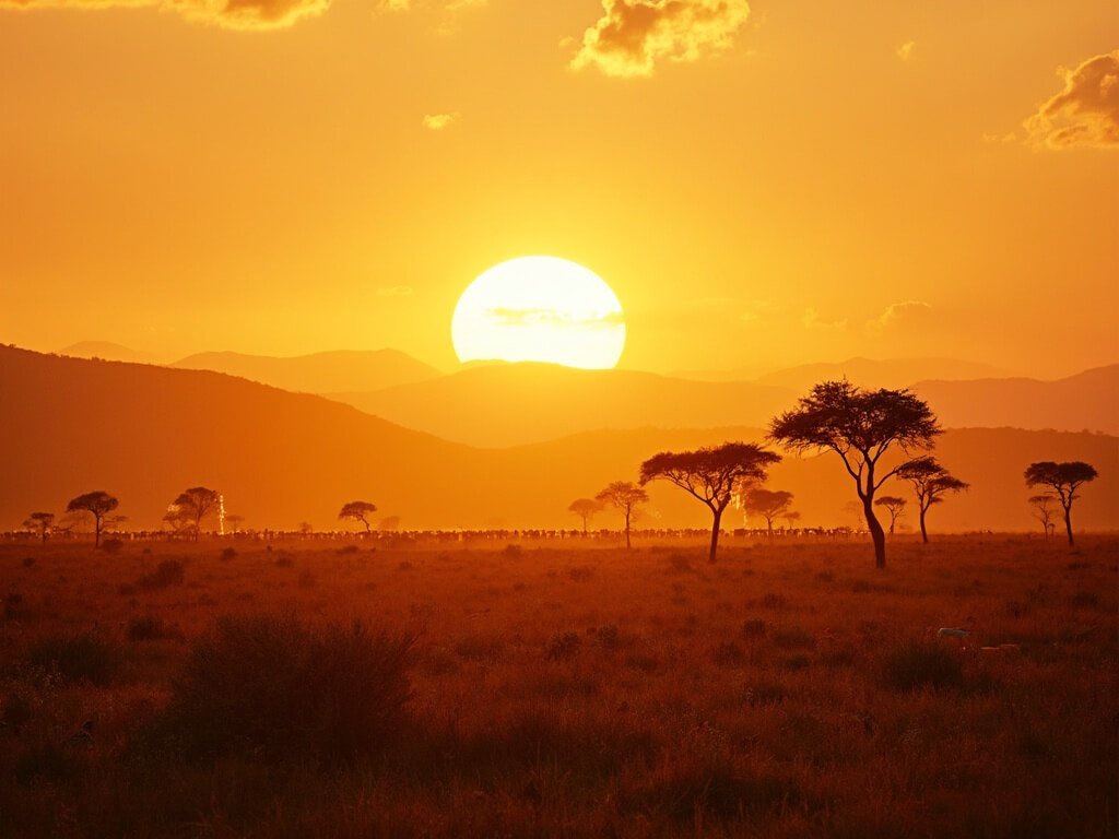 Sunrise over Serengeti plains with silhouetted acacia trees and distant herds of zebras and gazelles