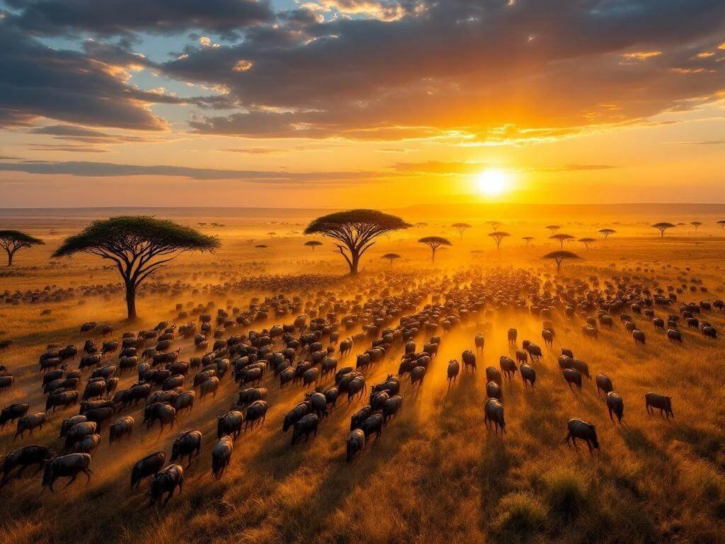 "Wildebeest and zebras migrating across Serengeti National Park at sunset, causing dust clouds, with acacia trees and vast sky in the background"