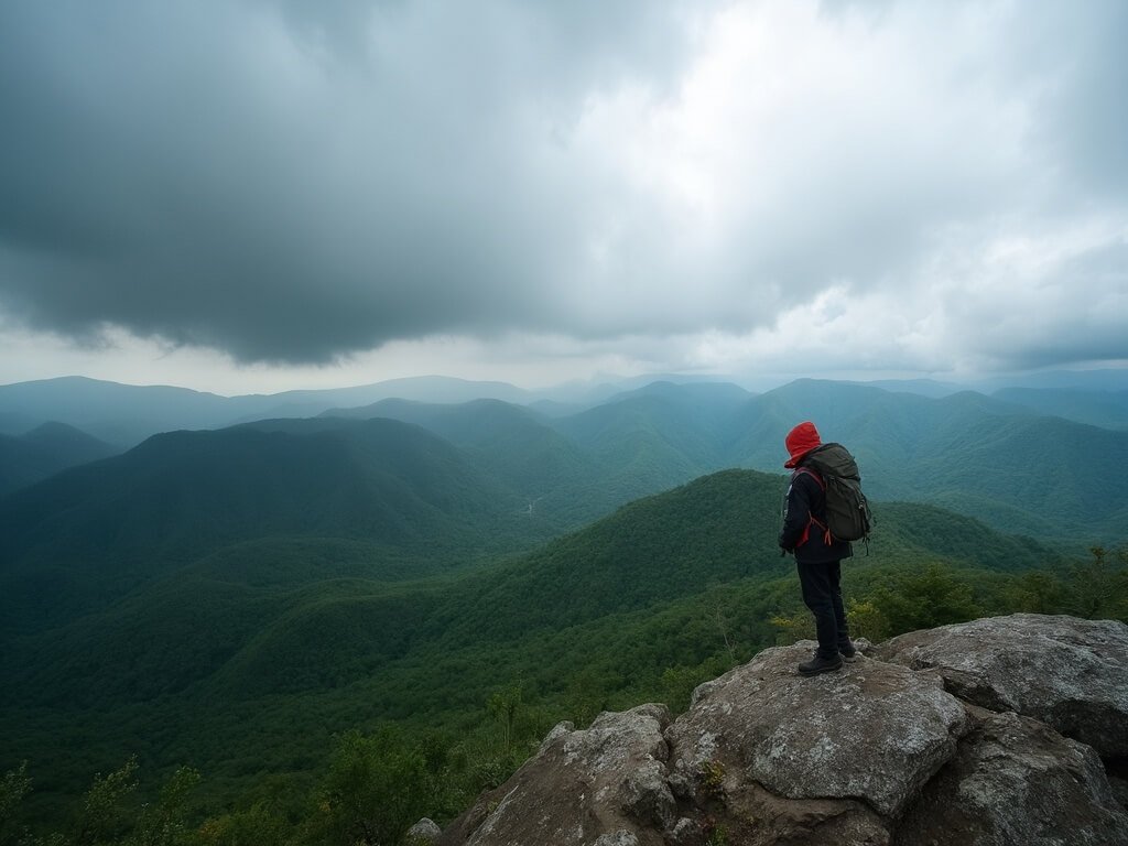 Hiker observing storm clouds over green Shenandoah mountain ranges, depicting changing weather conditions