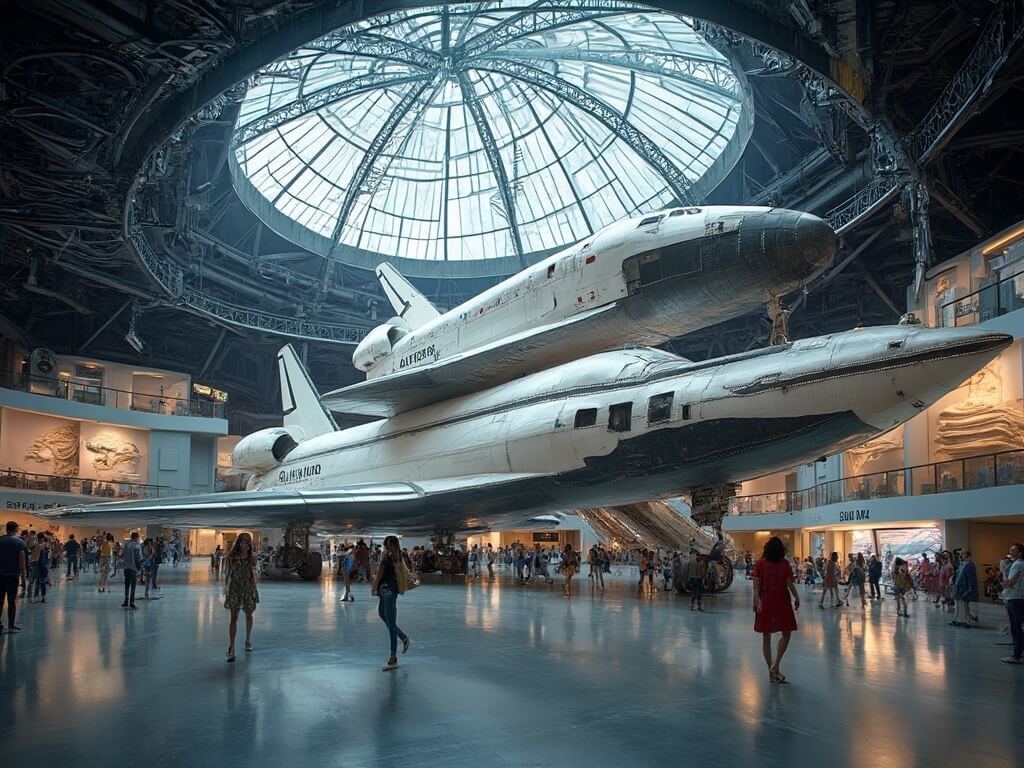 Full-scale shuttle carrier aircraft with a space shuttle on top at Independence Plaza, with museum visitors in the background for scale reference.