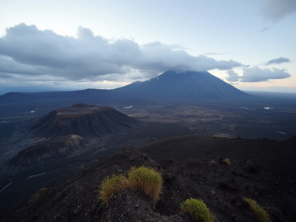 Dramatic panoramic view of Sierra Negra Volcano's terrain on Isabela Island with multiple craters, sparse vegetation, under a cloudy sky