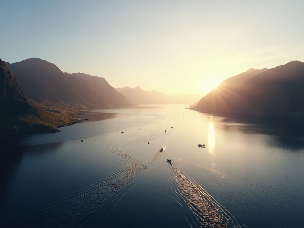 Kayaks navigating through Sognefjord in Norway at golden hour with vast mountain ranges in the background
