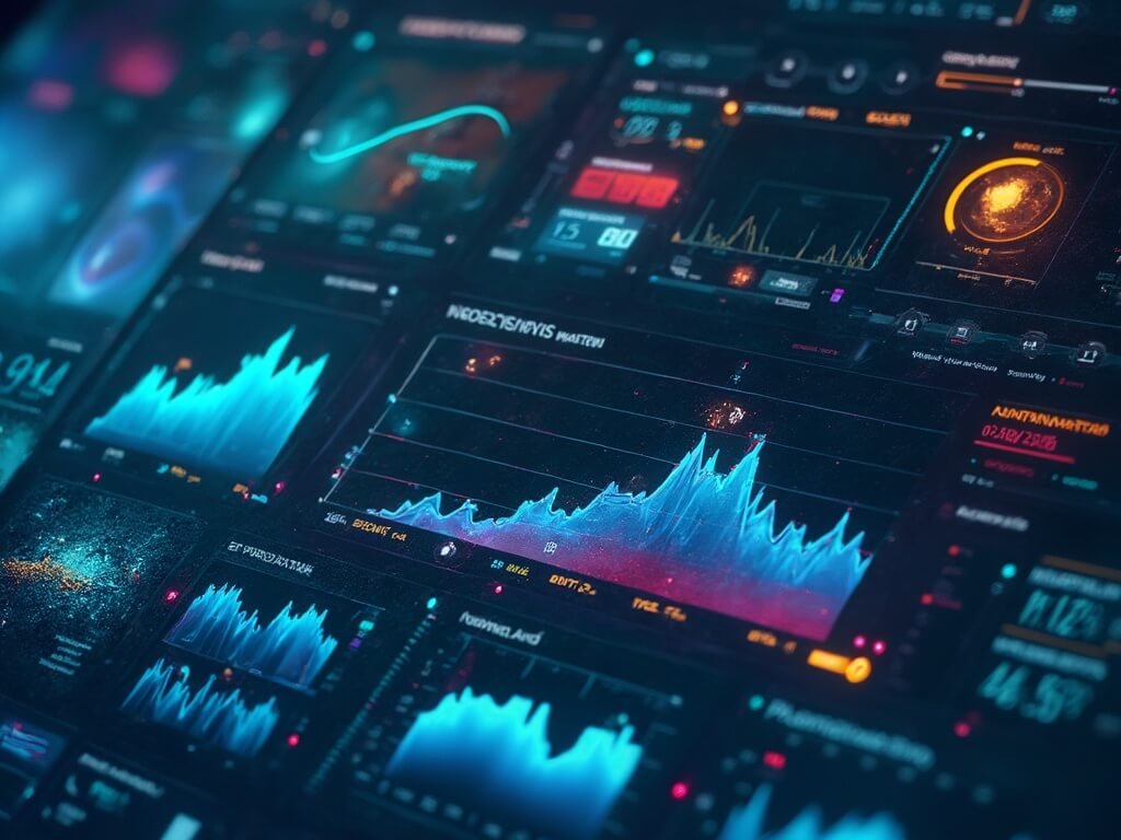 Close-up view of advanced solar activity forecasting technology on digital screen with color-coded graphs and weather tracking interfaces for predicting aurora visibility