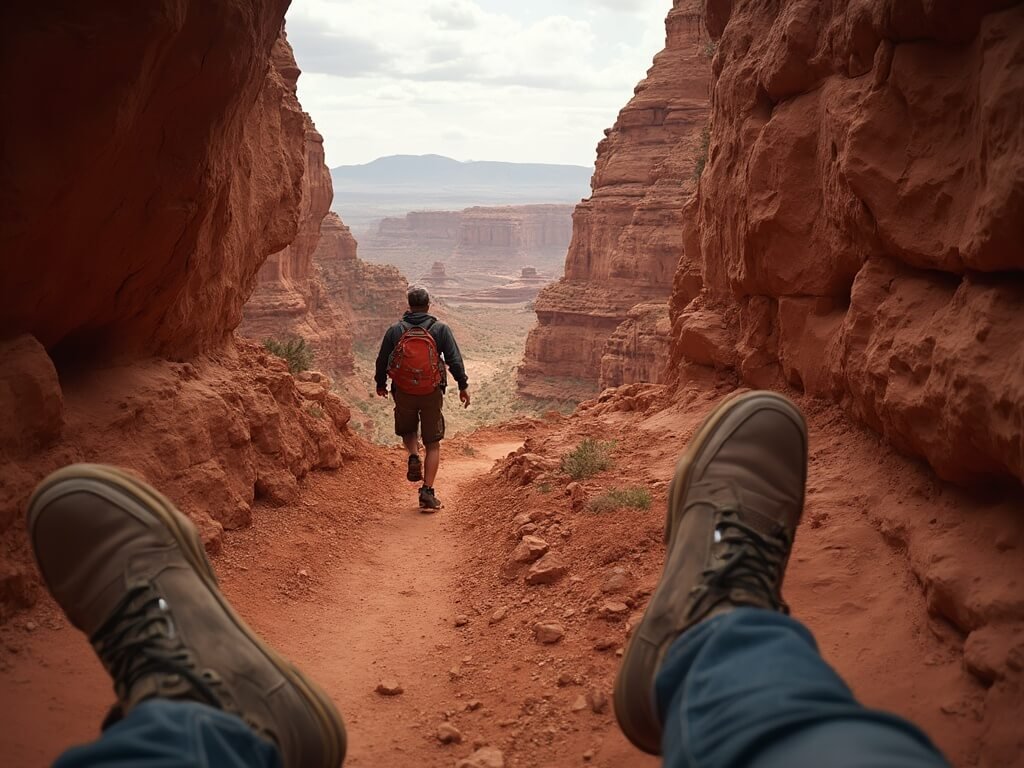 Hiker's boots on a narrow trail through a red rock canyon showcasing the breathtaking desert landscape and solitude of solo hiking