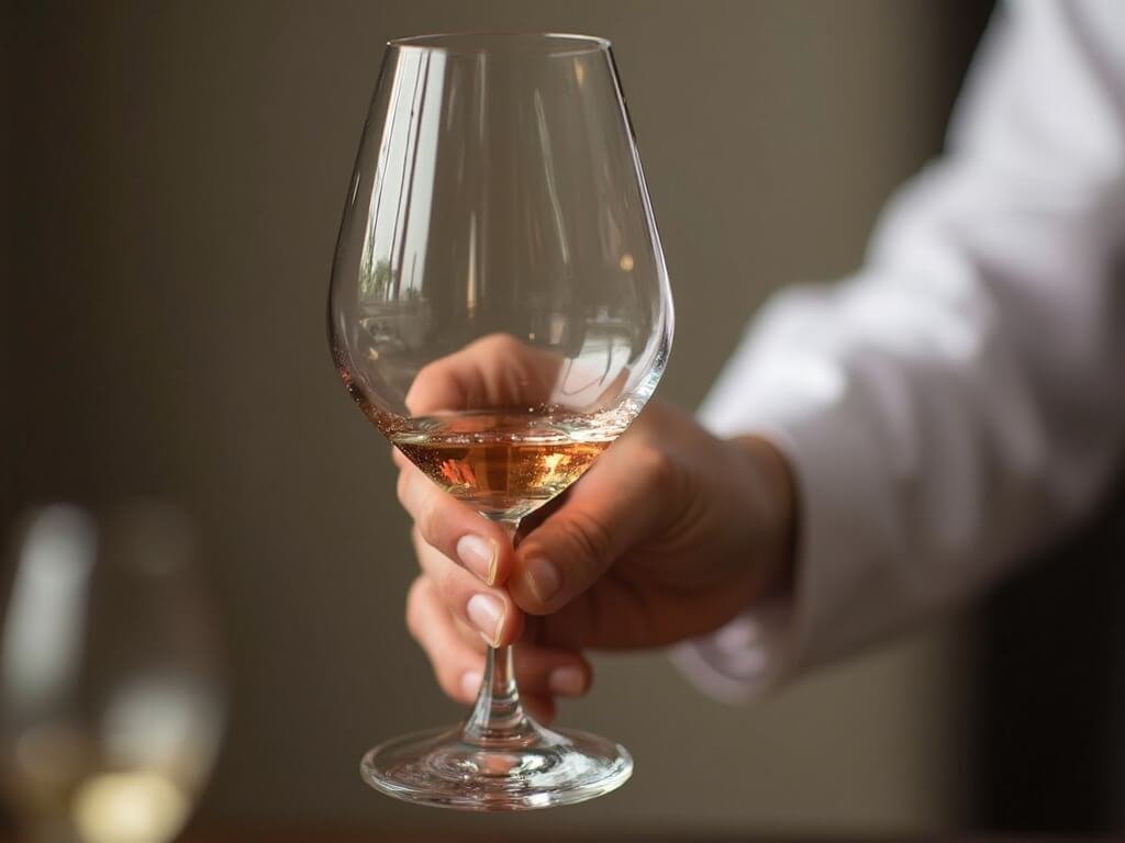 Sommelier performing professional wine tasting technique with crystal clear wine glass, focusing on color and clarity under dramatic lighting