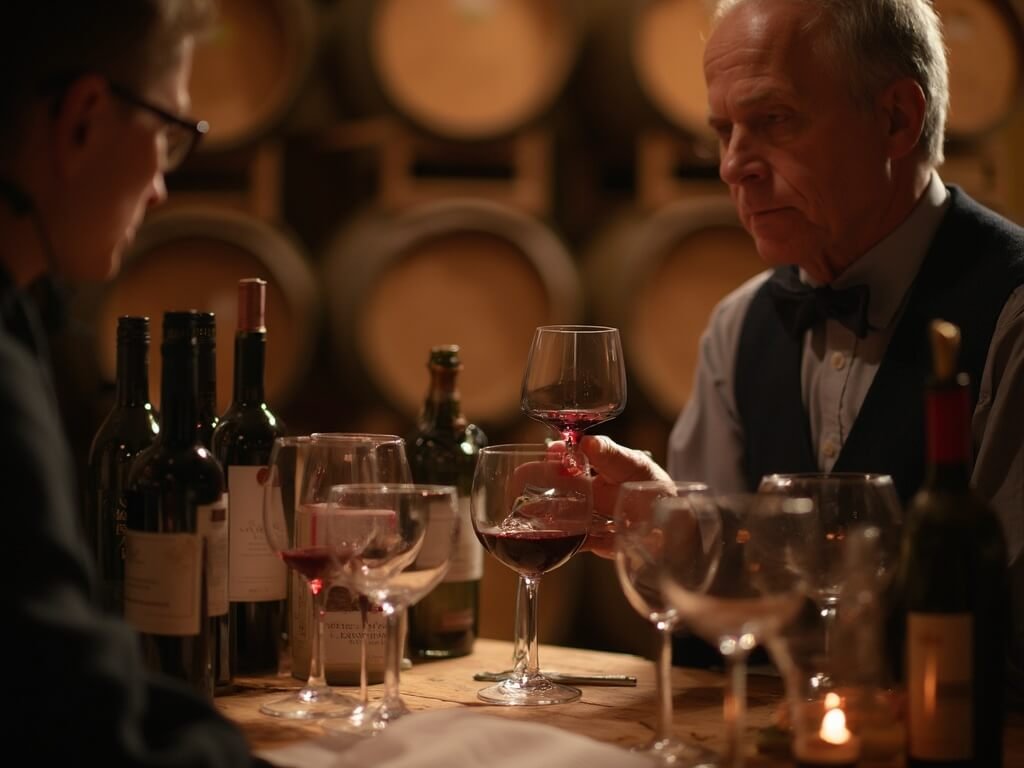Sommelier demonstrating wine evaluation techniques by swirling wine in crystal glass in a warmly lit cellar with an array of wine bottles and sophisticated tasting setup
