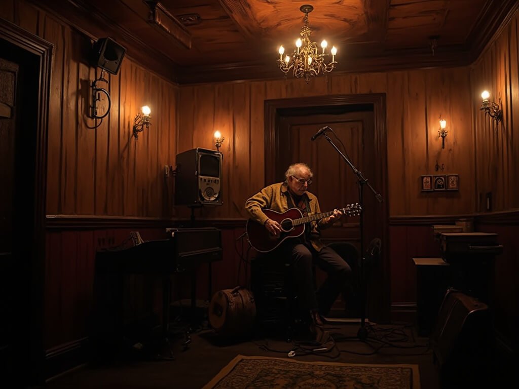 Older blues musician performing under soft amber lighting on a small stage in a vintage, dimly lit lounge with wooden paneling at Skylark Lounge
